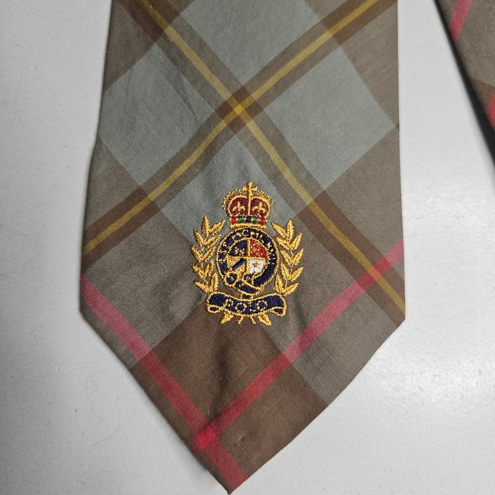 Vtg Polo Ralph Lauren Plaid Cotton Tie Brown Grey Red Crest Made in USA Handmade